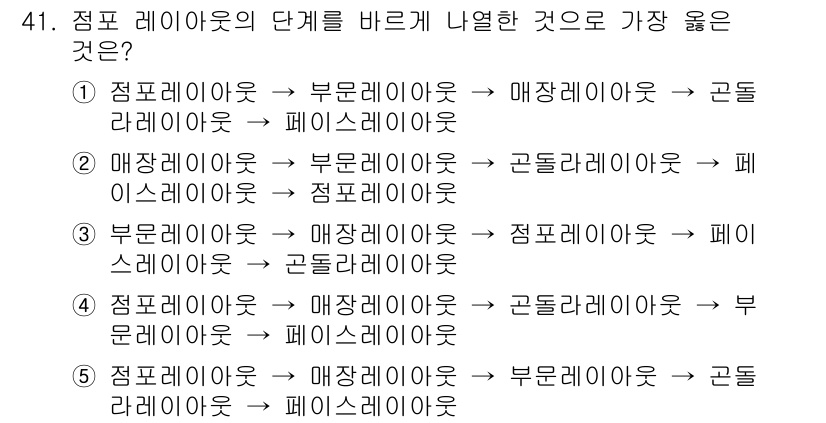 유통관리사_3급 2022년 41번 - 문제에서 요구하는 것은 정포 레이아웃의 단계가 올바르게 나열된 경우입니다... 에 관한 핵심 기출문제