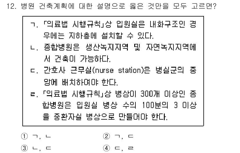 9급_지방직_공무원_건축계획 2022년 12번 - 3번이 정답인 이유는 병원 건축계획에서 "간호사 스테이션(nurse st... 에 관한 핵심 기출문제