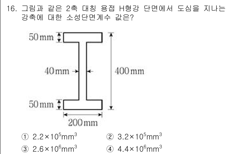 9급_지방직_공무원_건축구조 2022년 16번 - H형강의 단면적을 계산하기 위해 각 부분의 면적을 구하고 합산합니다. H... 에 관한 핵심 기출문제