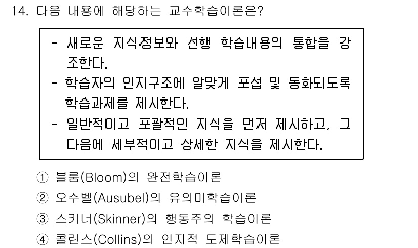 9급_지방직_공무원_교육학개론 2022년 14번 - 정답은 2번, 오수벨의 유의미 학습이 맞습니다. 유의미 학습 이론은 새로... 에 관한 핵심 기출문제