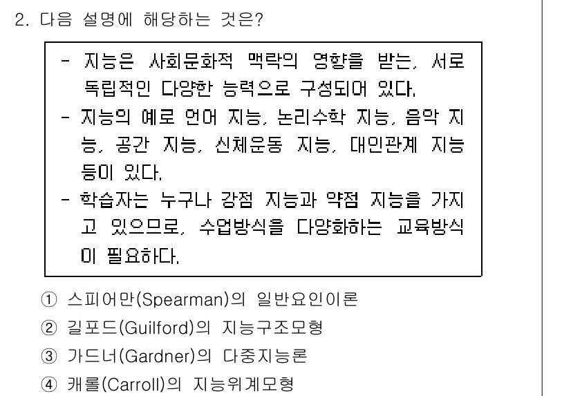 9급_지방직_공무원_교육학개론 2022년 2번 - 지능은 사회문화적 맥락에서 영향을 미치는 복합적인 개념으로, 다양한 능력... 에 관한 핵심 기출문제