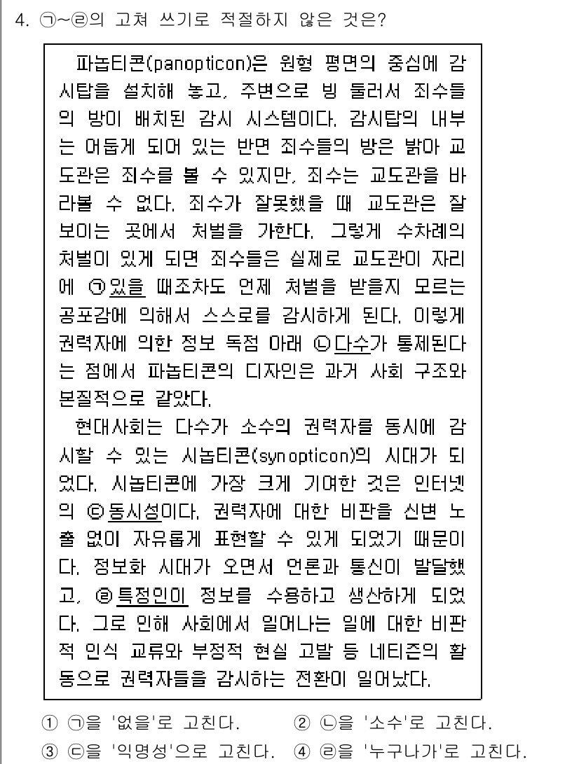9급_지방직_공무원_국어 2022년 4번 - 정답 2번은 '파놉티콘'의 개념과 관련이 없기 때문입니다. '파놉티콘'은... 에 관한 핵심 기출문제