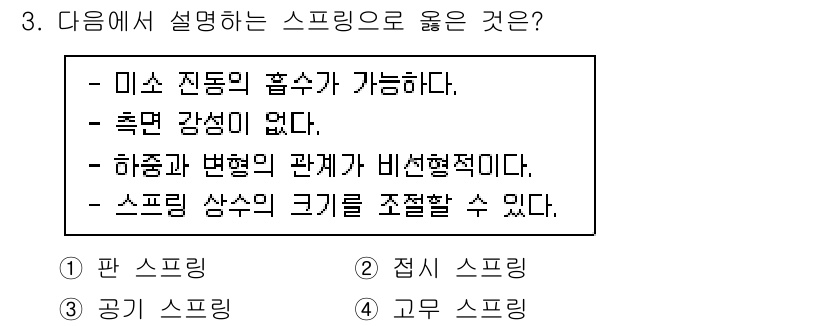9급_지방직_공무원_기계설계 2022년 3번 - 정답은 3번 '공기 스프링'이다. 공기 스프링은 공기를 압축하여 스프링 ... 에 관한 핵심 기출문제