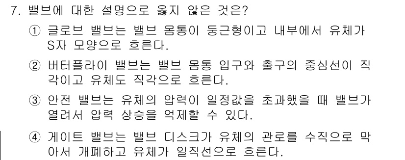 9급_지방직_공무원_기계설계 2022년 7번 - 정답인 이유는 2번입니다. 벨브는 유체의 흐름과 압력을 조절하기 위해 설... 에 관한 핵심 기출문제