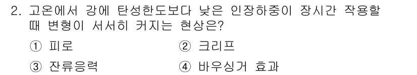 9급_지방직_공무원_기계일반 2022년 2번 - 정답은 2번 '크리프'입니다. 크리프는 고온에서 재료가 탄성 한계를 초과... 에 관한 핵심 기출문제