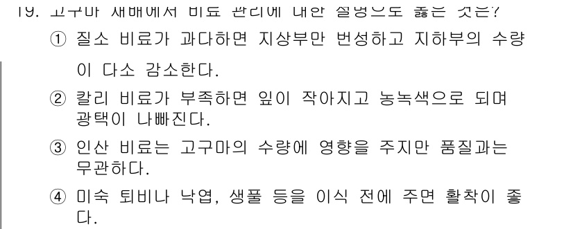 9급_지방직_공무원_식용작물 2022년 19번 - 정답 1번은 질소가 과다하게 공급되면 지상부의 성장과 수량이 증가하면서 ... 에 관한 핵심 기출문제