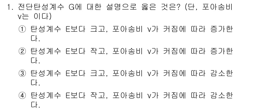 9급_지방직_공무원_응용역학개론 2022년 1번 - 전단성계수 G에 대한 설명은 탄성계수 E와 포아송비 ν에 따라 다르다. ... 에 관한 핵심 기출문제