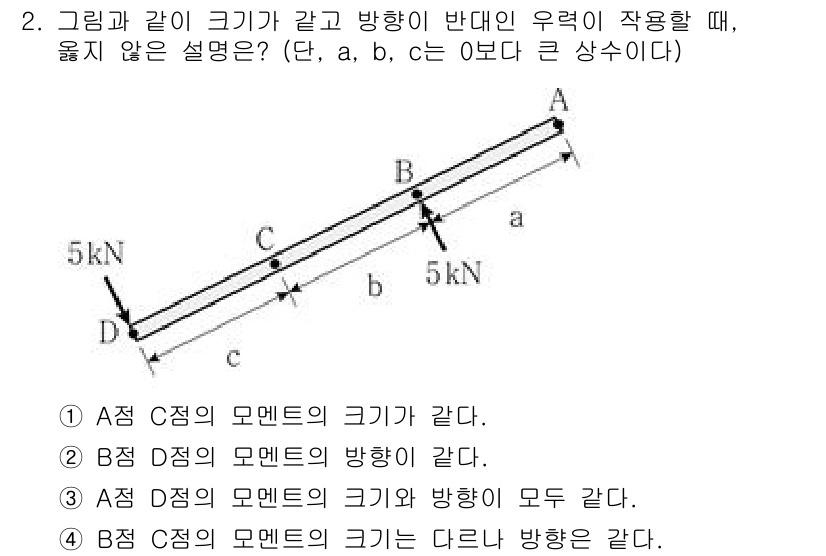 9급_지방직_공무원_응용역학개론 2022년 2번 - 참조된 도형에서 힘이 작용할 때, 점 C에서 모멘트의 크기는 점 A와 B... 에 관한 핵심 기출문제