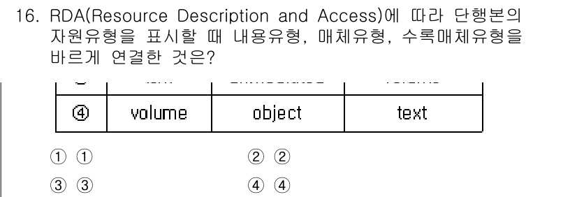 9급_지방직_공무원_자료조직개론 2022년 16번 - RDA에서 자원 유형을 정의할 때 "volume"은 물리적인 책을 나타내... 에 관한 핵심 기출문제