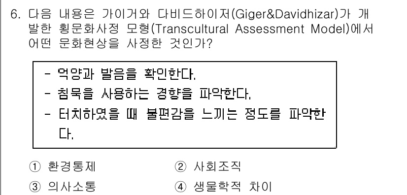 9급_지방직_공무원_지역사회간호학 2022년 6번 - 정답 3번 "사회적 구조"가 맞습니다. Giger와 Davidhizar의... 에 관한 핵심 기출문제