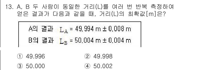 9급_지방직_공무원_지적측량 2022년 13번 - 거리 \( L \)의 정확한 측정값은 두 측정값의 평균으로 구합니다. A... 에 관한 핵심 기출문제