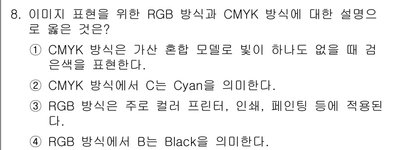 9급_지방직_공무원_컴퓨터일반 2022년 8번 - . 

CMYK 방식에서 C는 Cyan(청록색)을 의미하며, 이는 인쇄 ... 에 관한 핵심 기출문제