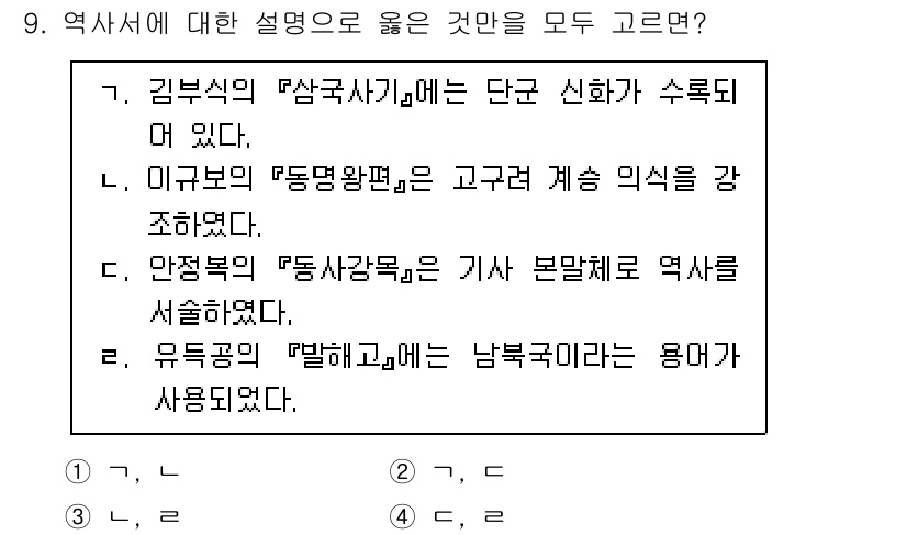 9급_지방직_공무원_한국사 2022년 9번 - 정답은 3번이다. '안정복의 "동사강목"'은 한국 역사서로서 본격적인 역... 에 관한 핵심 기출문제