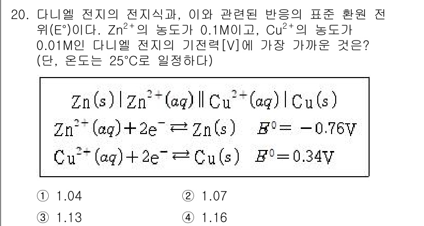 9급_지방직_공무원_화학 2022년 20번 - 다니엘 전지의 전위는 Nernst 방정식에 의해 구해지며, 주어진 농도에... 에 관한 핵심 기출문제