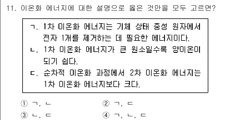 9급_지방직_공무원_화학공학일반 2022년 11번 - 1차 미온화 에너지는 원자가 전자 하나를 제거하는 데 필요한 에너지로, ... 에 관한 핵심 기출문제