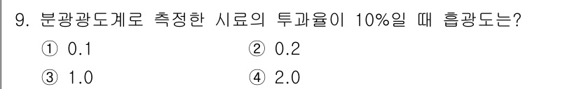 9급_지방직_공무원_환경공학개론 2022년 9번 - 분광광도가 10%일 때의 흡광도는 비욘의 법칙에 따라 흡광도(A) = -... 에 관한 핵심 기출문제