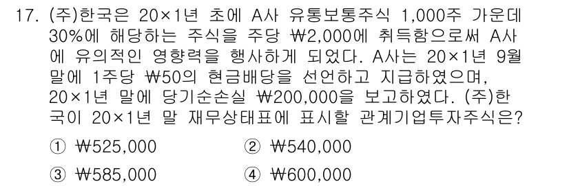 9급_지방직_공무원_회계학 2022년 17번 - 주어진 문제에서 A사는 20×1년 9월 말 주당 50원의 현금배당을 선언... 에 관한 핵심 기출문제