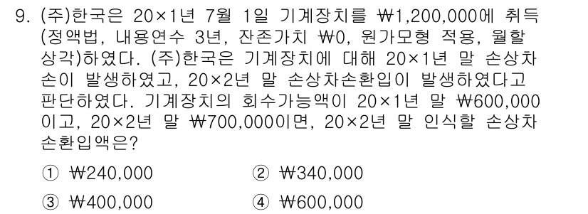 9급_지방직_공무원_회계학 2022년 9번 - 정답은 ① ₩240,000입니다. 20×1년의 손상차손은 정액법에 따라 ... 에 관한 핵심 기출문제