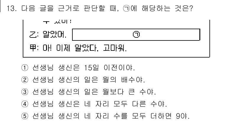 PSAT_상황판단 2022년 13번 - 주어진 상황에서 Z는 선생님 생신에 대해 알고 있으며, M은 이제 알았다... 에 관한 핵심 기출문제