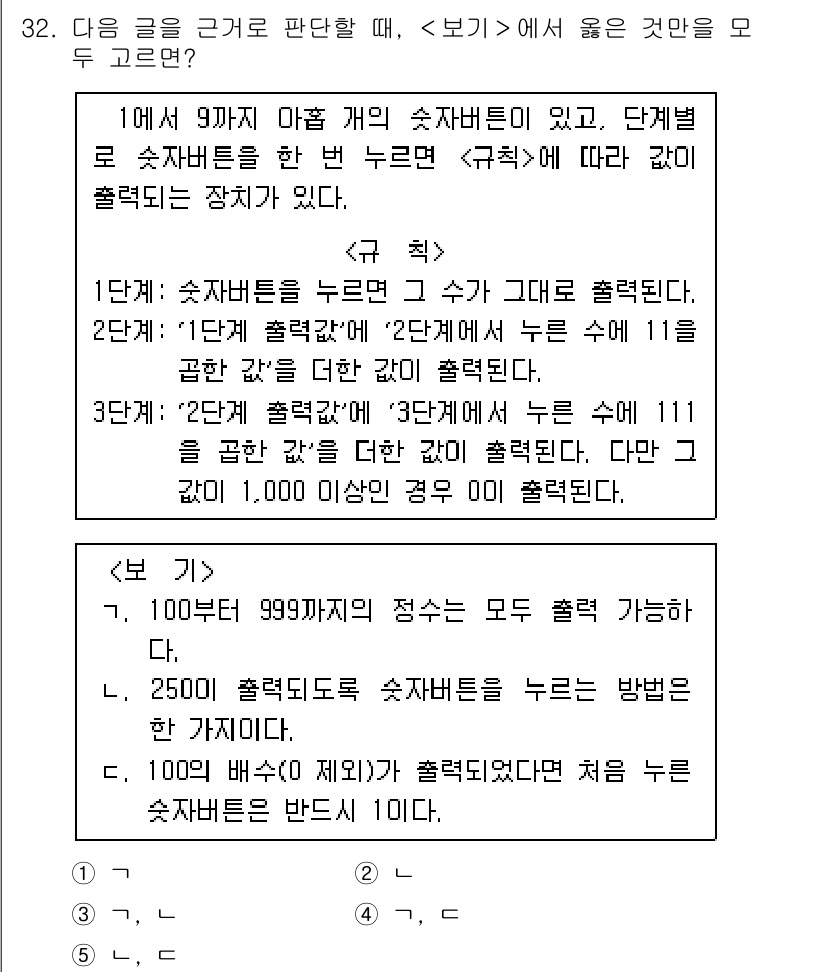 PSAT_상황판단 2022년 33번 - 정답 4번은 '100의 배수'로 줄어들기 때문에 수의 범위가 100, 2... 에 관한 핵심 기출문제
