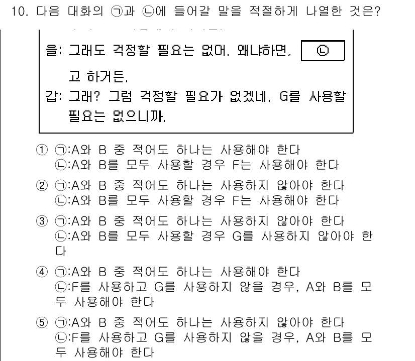 PSAT_언어논리 2022년 10번 - 정답 5번은 A와 B가 각각 다른 상황에서 사용되어야 하는 경우를 명시하... 에 관한 핵심 기출문제