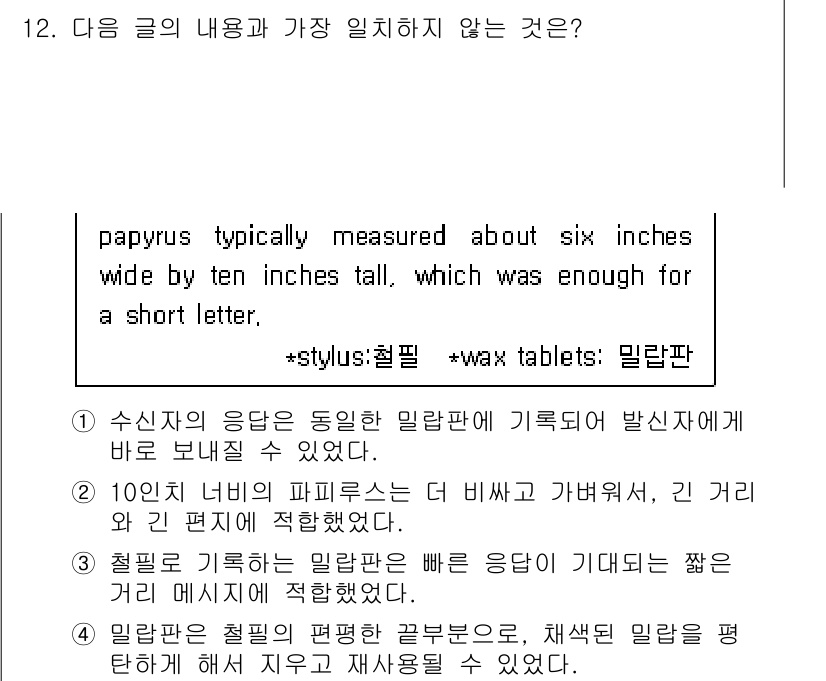 경찰공무원(순경)_영어 2021년 12번 - 주어진 글에서 papyrus의 용도와 특성에 대해 다루고 있으며, 두 번... 에 관한 핵심 기출문제