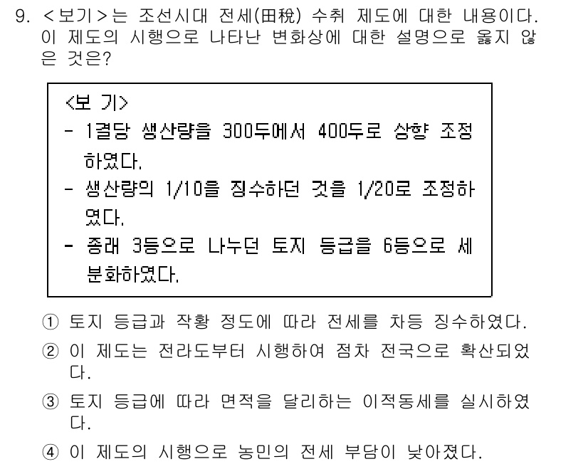 계리직공무원_한국사 2022년 9번 - 3번은 조선시대의 전세 제도가 생산량에 따라 토지 세금을 부과하던 방식으... 에 관한 핵심 기출문제