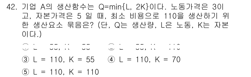 감정평가사_1차_1교시(구) 2022년 42번 - 주어진 생산함수 Q= min(L, 2K)에서, 노동량 L과 자본량 K의 ... 에 관한 핵심 기출문제