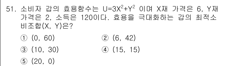 감정평가사_1차_1교시(구) 2022년 51번 - 주어진 효용 함수 \( U = 3X^2 + Y^2 \)에서 X재의 가격이... 에 관한 핵심 기출문제