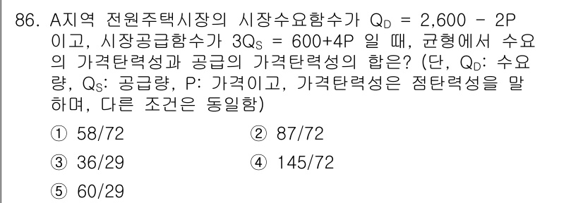 감정평가사_1차_1교시(구) 2022년 87번 - 이 문제는 수요와 공급의 균형점에서 가격과 수량을 찾는 것이 핵심입니다.... 에 관한 핵심 기출문제