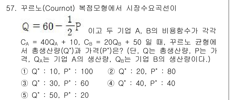 감정평가사_1차_1교시 2022년 57번 - 주어진 문제는 꾸르노( Cournot ) 모형에서 두 기업 A와 B의 수... 에 관한 핵심 기출문제