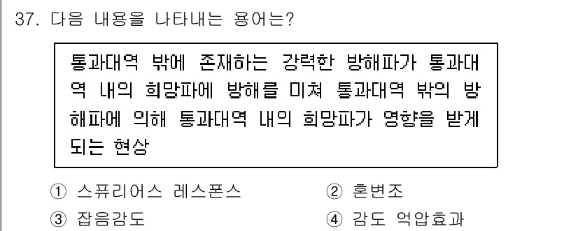 무선설비기사 2022년 37번 - . 

무선설비에서 통신대역 밖의 강력한 방해파가 통신 대역에 영향을 미... 에 관한 핵심 기출문제