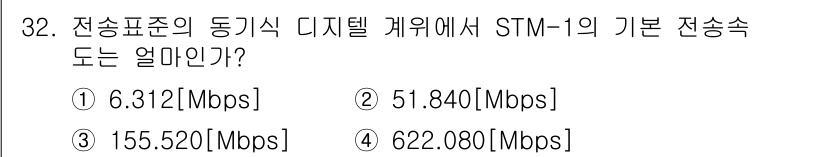정보통신기능사 2022년 32번 - STM-1의 기본 전송 속도는 155.520 Mbps입니다. 이는 ITU... 에 관한 핵심 기출문제