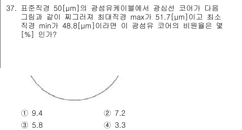 정보통신기능사 2022년 37번 - 광섬유의 직경이 최소 48.8μm, 최대 51.7μm인 경우, 그 직경의... 에 관한 핵심 기출문제