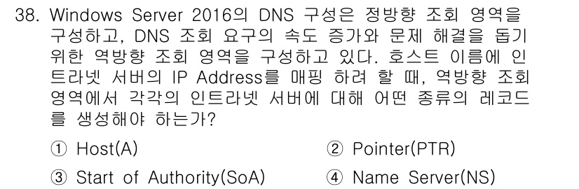 네트워크관리사_2급 2022년 40번 - 정답은 4번 "Name Server(NS)"입니다. DNS에서 호스트 이... 에 관한 핵심 기출문제