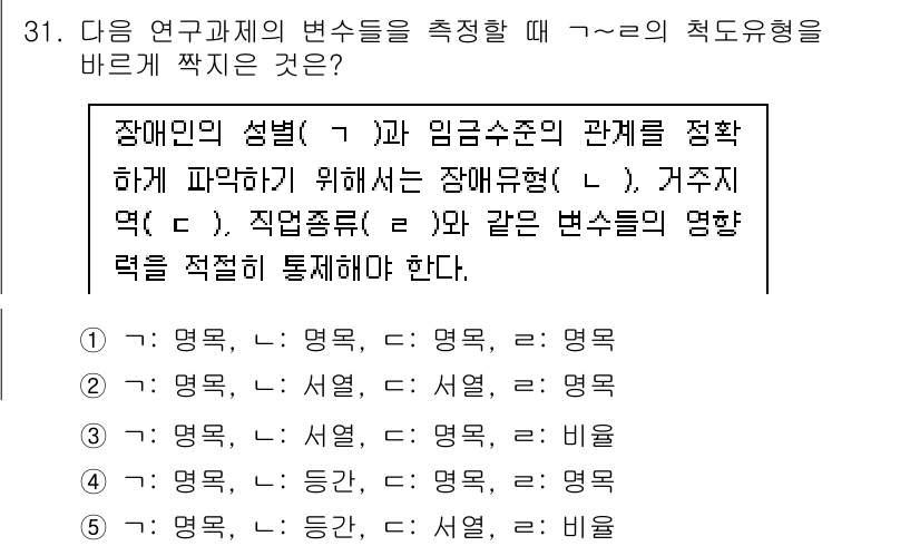 사회복지사_1급(1교시) 2023년 31번 - 장애인의 성별(가)과 성격(나) 간의 관계를 분석하여 장애경험(다) 및 ... 에 관한 핵심 기출문제
