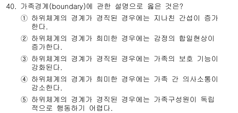 사회복지사_1급(2교시)(구) 2023년 40번 - 가족경계(boundary)는 가족 구성원 간의 역할과 책임을 정의하는데 ... 에 관한 핵심 기출문제