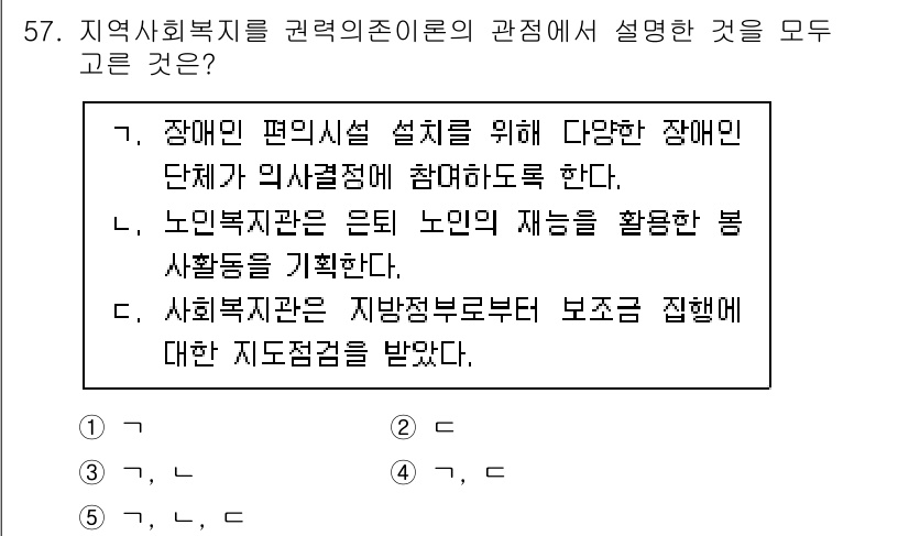 사회복지사_1급(2교시)(구) 2023년 57번 - 해설: 지역사회복지는 장애인과 노인, 사회적 약자의 참여를 통해 이루어지... 에 관한 핵심 기출문제