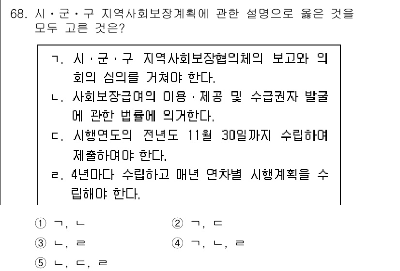 사회복지사_1급(2교시)(구) 2023년 68번 - 지역사회보장계획은 지역 주민의 필요와 자원을 고려하여 작성되어야 하며, ... 에 관한 핵심 기출문제