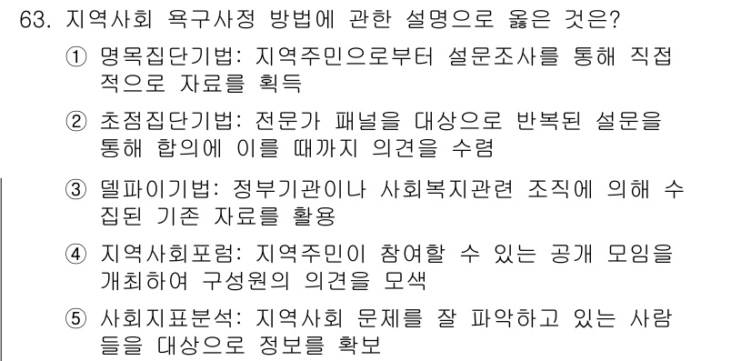 사회복지사_1급(2교시) 2023년 63번 - 4번 항목이 좋은 이유는, 지역사회 참여가 사회복지의 중요한 원칙인 만큼... 에 관한 핵심 기출문제