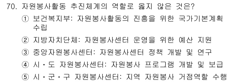 사회복지사_1급(2교시) 2023년 70번 - . 

보건복지부는 자원봉사활동의 진흥을 위한 국가기본계획 수립에 관여하... 에 관한 핵심 기출문제