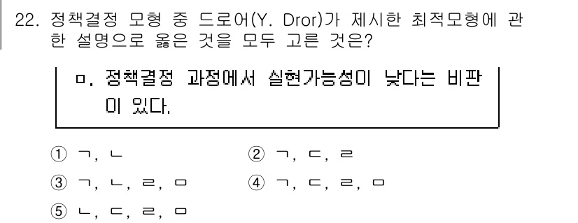 사회복지사_1급(3교시)(구) 2023년 22번 - 정책결정 과정에서의 실현 가능성이 낮다는 비판은 다양한 이해관계와 제약조... 에 관한 핵심 기출문제