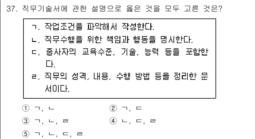 사회복지사_1급(3교시)(구) 2023년 37번 - 직무기술서에 관한 설명으로 올바른 것은 3번, "직무수행을 위한 책임과 ... 에 관한 핵심 기출문제