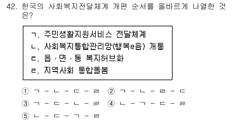 사회복지사_1급(3교시)(구) 2023년 42번 - . 

정답인 이유는 한국의 사회복지전달체계는 주민생활지원서비스 전달체계... 에 관한 핵심 기출문제