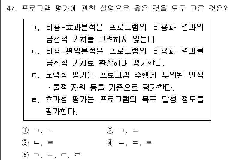 사회복지사_1급(3교시)(구) 2023년 47번 - 프로그램 평가에서 목적 달성 정도는 프로그램의 효과를 측정하는 중요한 기... 에 관한 핵심 기출문제