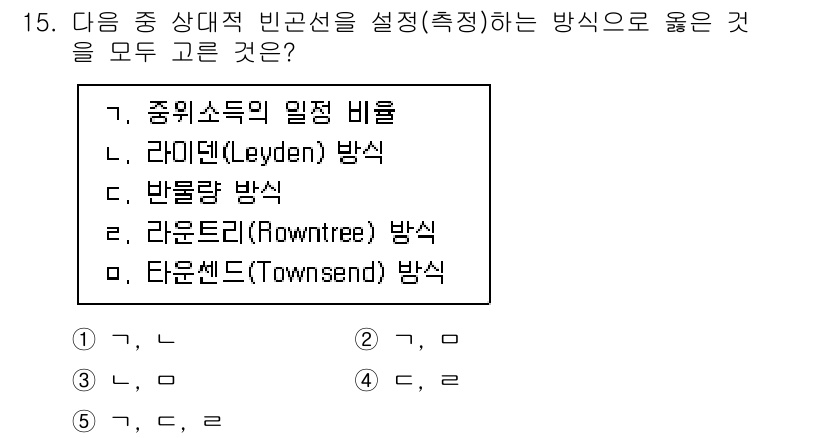 사회복지사_1급(3교시) 2023년 15번 - 정답은 2번, 라이든(Leyden) 방식입니다. 이 방식은 빈곤선 설정에... 에 관한 핵심 기출문제