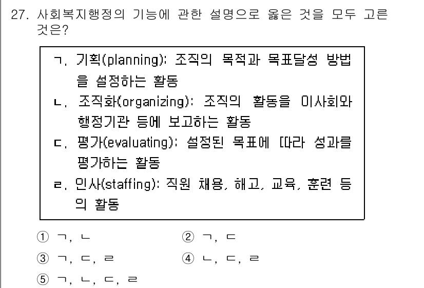 사회복지사_1급(3교시) 2023년 27번 - 사회복지행정의 기능은 계획, 조직, 평가, 인사 등으로 구성되어 있으며,... 에 관한 핵심 기출문제