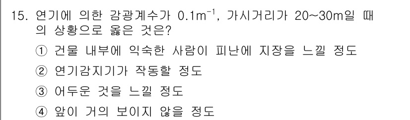 소방설비기사(기계분야) 2022년 15번 - 연기의 감광계수 0.1m⁻¹은 연기 농도의 변화가 미치는 영향을 나타냅니... 에 관한 핵심 기출문제