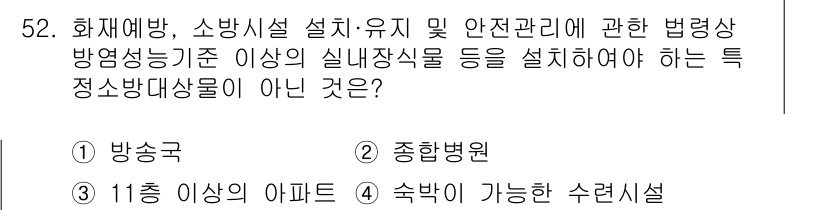 소방설비기사(기계분야) 2022년 52번 - 소방설비기사를 위한 법령상 방염성능기준은 주로 건축물의 구조 및 사용 용... 에 관한 핵심 기출문제