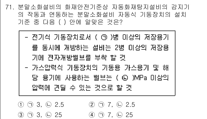 소방설비기사(기계분야) 2022년 72번 - 정답 3번은 전기 기동장치에서 제어장치의 가동 기준을 나타내기 때문입니다... 에 관한 핵심 기출문제